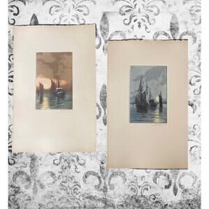 Huguet — Hand-Colored Aquatint Etchings, Twilight Fishing Boats (Pair)